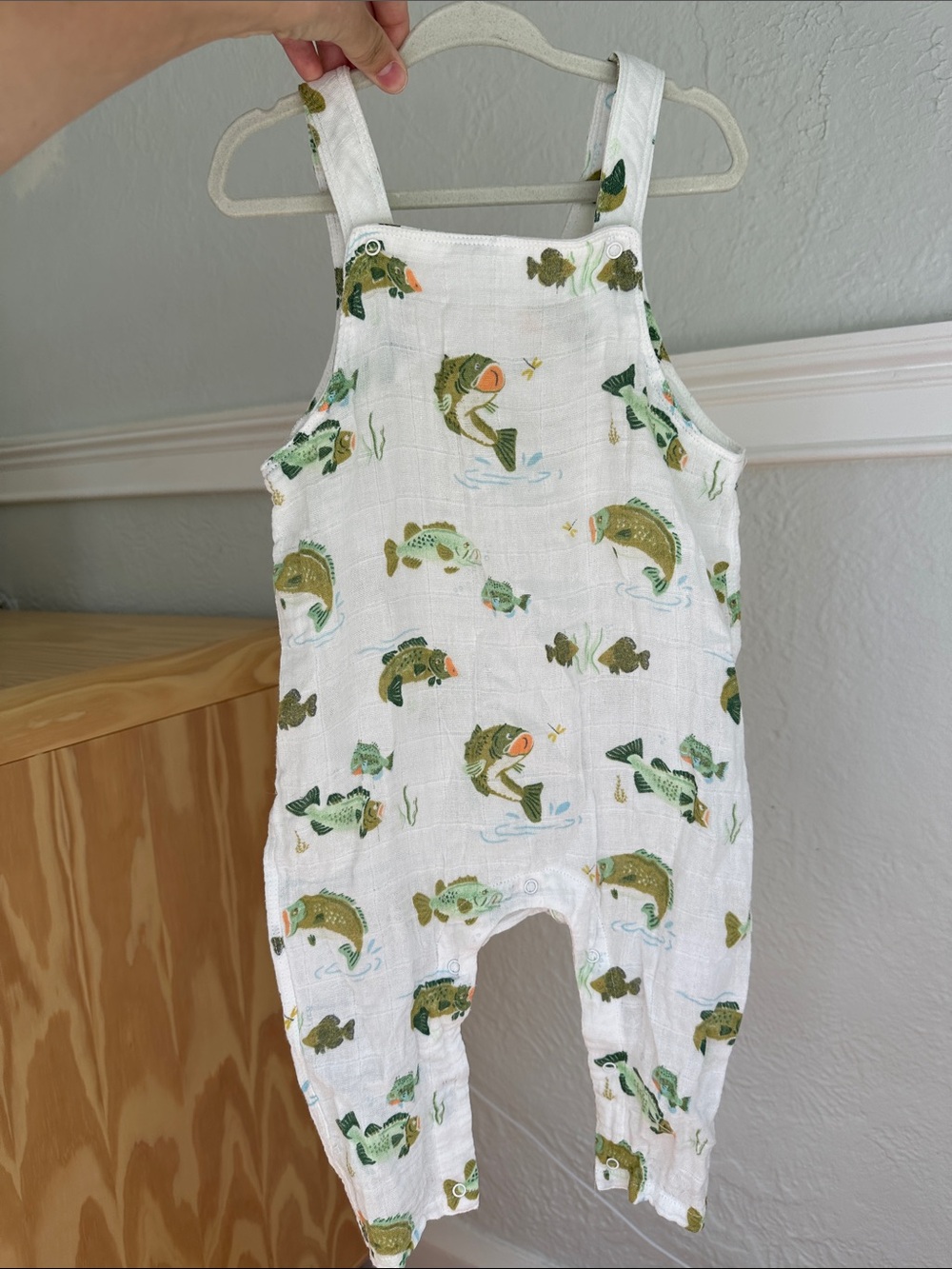 Angel Dear White Muslin One-Piece with Green Fish Print